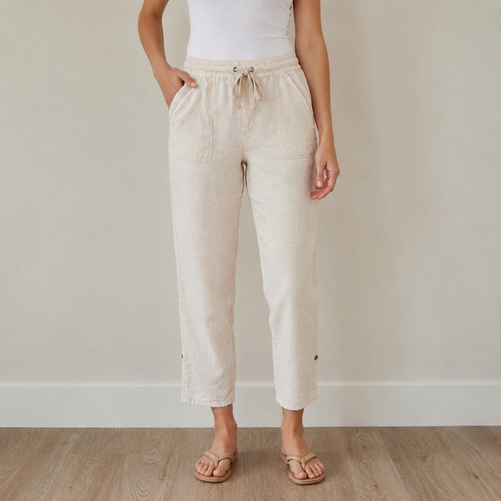 Hei Hei Anthropologie Linen Cotton Striped Jogger Pants Beige Tan Womens Large